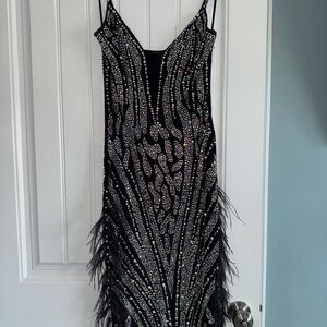 Black Rhinestone Feather Bodycon Dress – Flapper Gatsby Cocktail – Worn Once